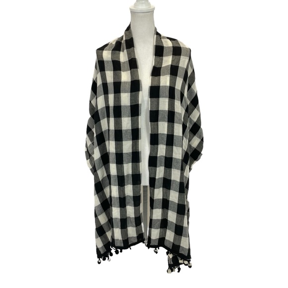 Talbots Scarf Wrap Plaid with Pompoms OS Black & White - Picture 3 of 11